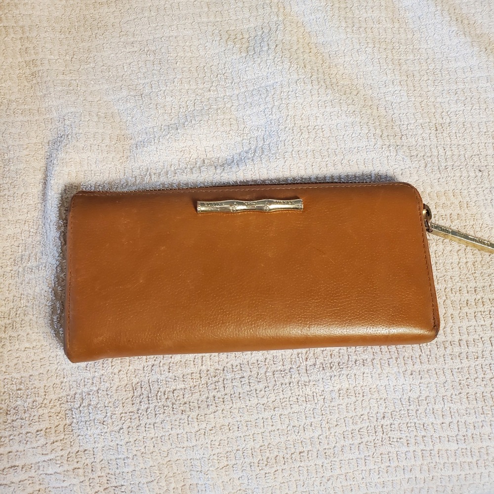 Elaine Turner Tan Leather‎ Zip Around Wallet Bamboo Logo Bar Detail Womens